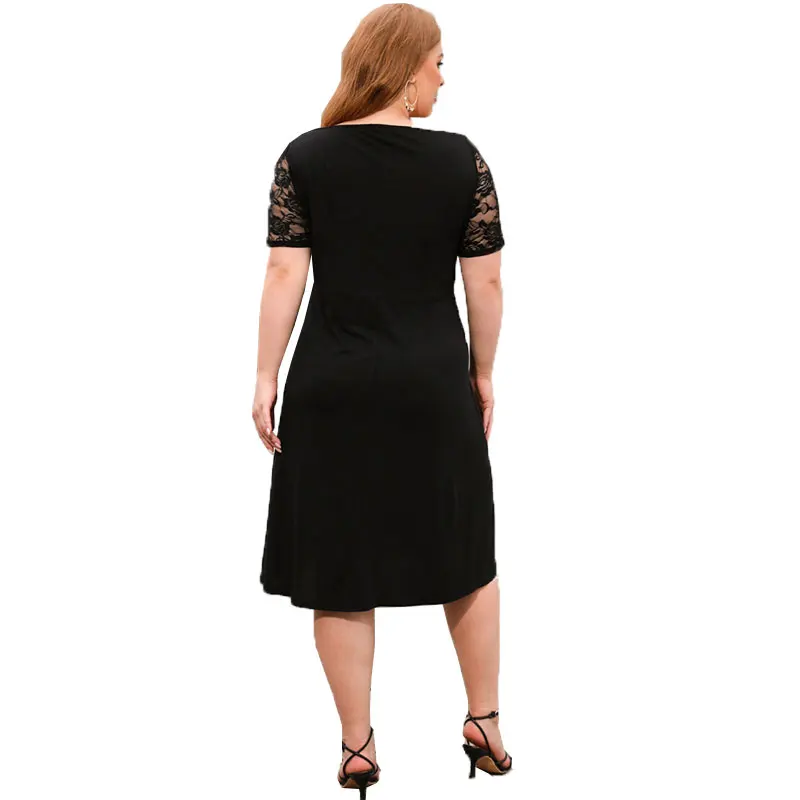 Plus Size Dresses for Women 2023 Summer Midi Elegant Short Sleeve Lace Patchwork Black Party Dresses Female Outfits Clothing 4XL