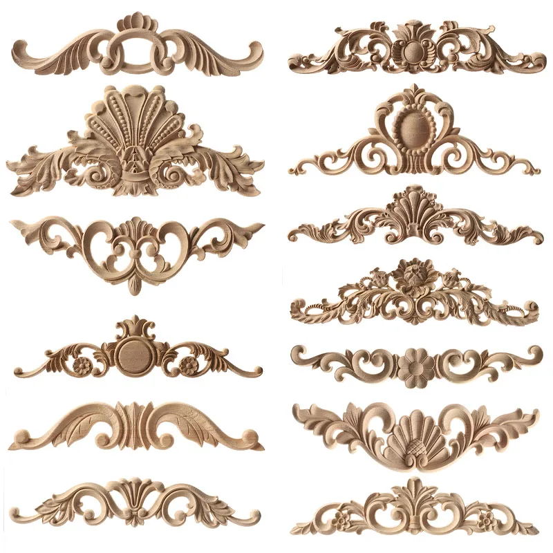 Wood Carving Natural Wood Appliques Door Furniture Cabinet Decorative Unpainted Wooden Mouldings Decal Vintage Home Decor