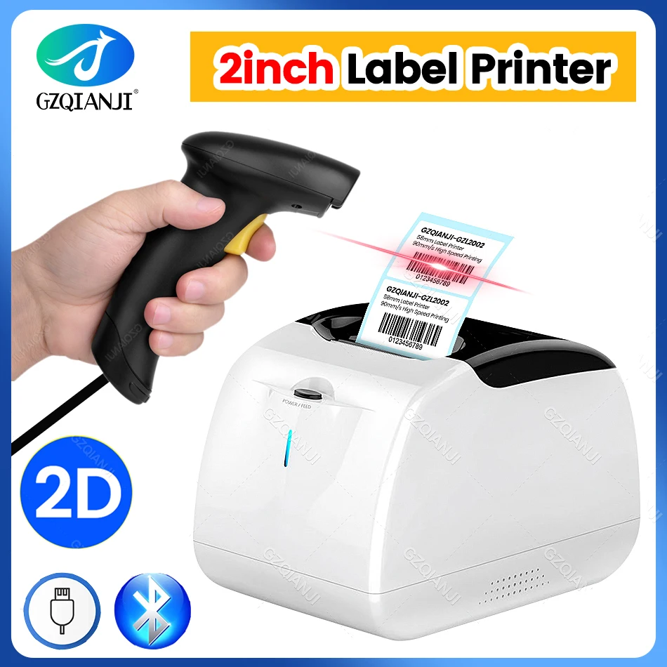 2Inch Thermal Label Printer with 2D Barcode Scanner Laser Code Reader USB Pos System Printing 20-58mm Sticker Milestone MHT-L58G