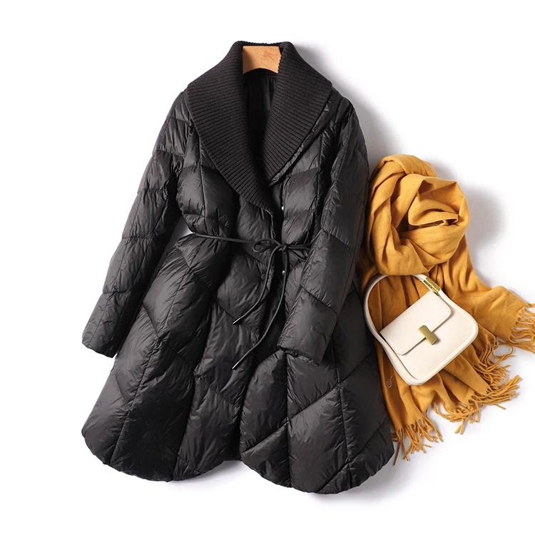 Long Duck Jacket Women 90%  White Duck Down Winter High Street  Covered Button  Spliced  Adjustable Waist Thin Coat Women