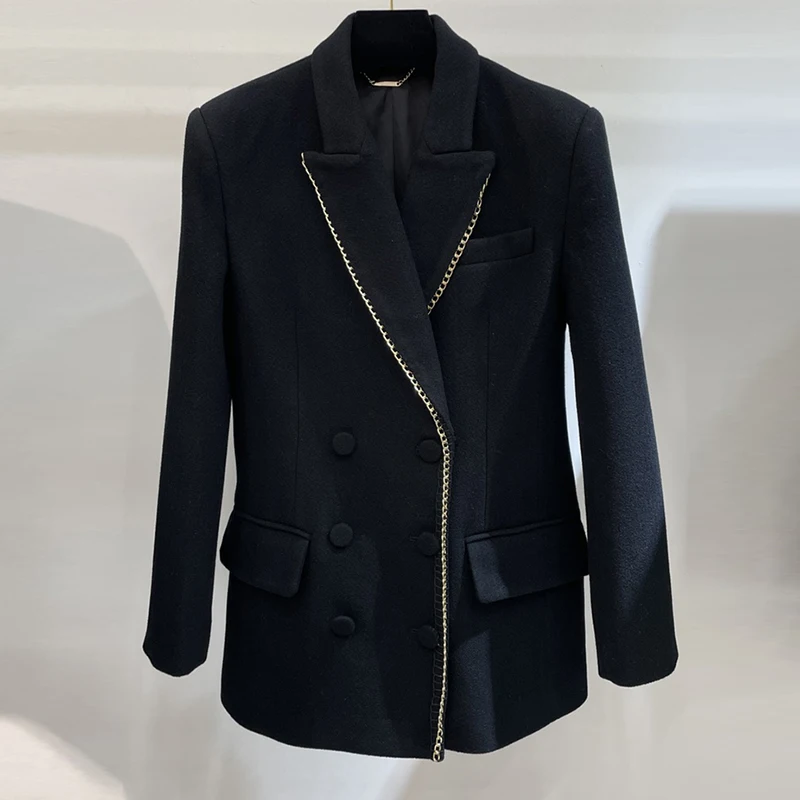 

Женский шерстяной Блейзер, черный подиумный двубортный пиджак с отложным воротником и поясом, верхняя одежда, Y2K, Осень-зима 23
