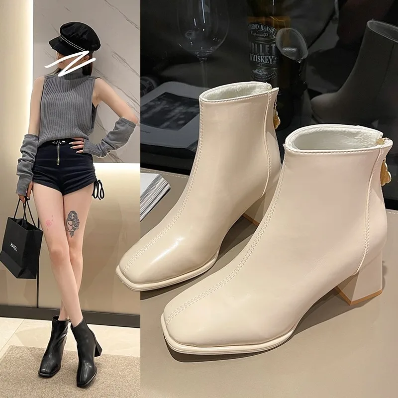 

2023 New Women's Boots High Heels Square Short Boots Short Boots Spring and Autumn Single Boots Women Thick Heel Boots