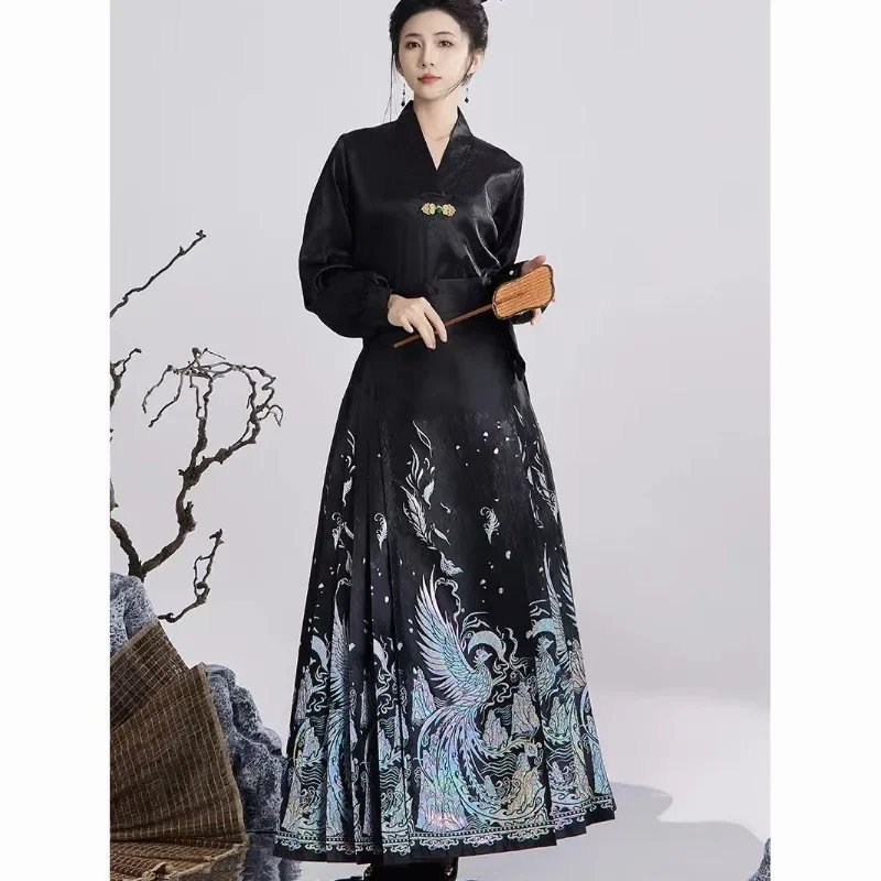 Женское черное ханьфу платье с принтом Феникса