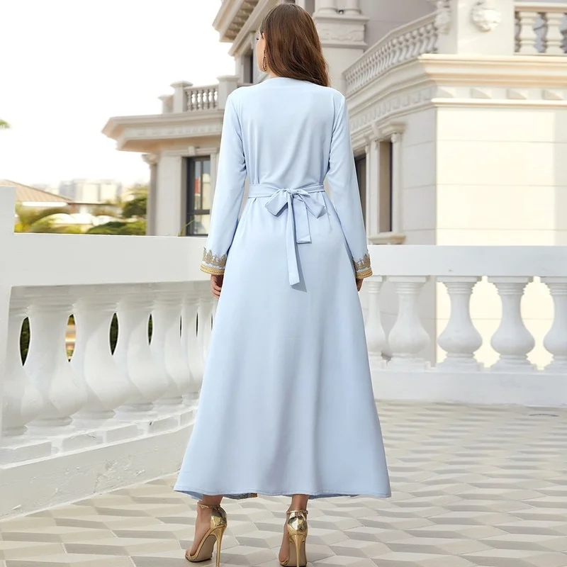 Chic Webbing Maxi Dress Women Fashion Diamond Rhinestone Beads Double-Layer Long Sleeve Abaya Islam Turkey Muslim Summer Dresses