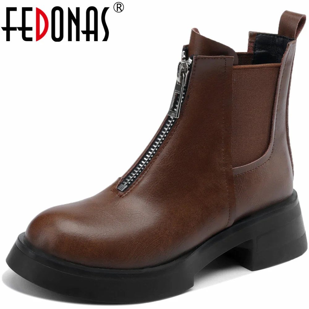 

FEDONAS Round Toe Leisure Women Ankle Boots Thick Heels Genuine Leather Retro Shoes Woman Platforms Autumn Winter Casual Working