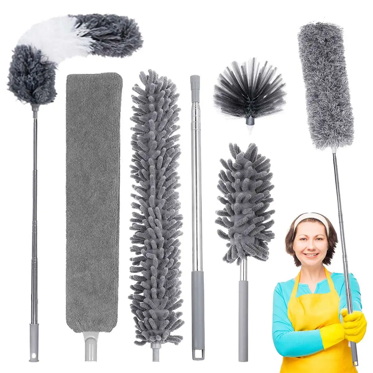 7Pcs 1.9m Extendable Cleaning Duster Ceiling Feather Plumage Sofa Car Dust Cleaner Floor Gap Bendable Brush Home Household Tools