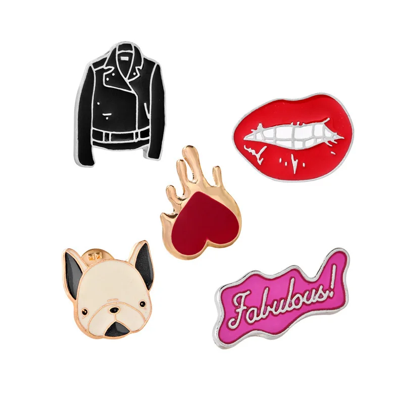 Fashion Cartoon Red Lips Heart Shaped Dog Head Black Leather Metal Enamel Brooch Clothes Backpack Personality Pin Jewelry Gift | Украшения