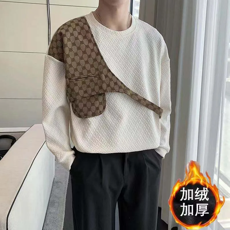 Fluffy And Thick Jacquard Contrast Crewneck Sweatshirt Men's Autumn Korean Version Design Sense Loose Niche Pullover Dress
