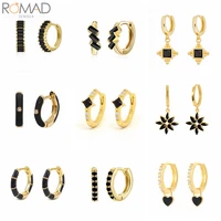 romad black color zircon 925 sterling silver hoop earrings women gold color earrings fashion trend jewelry new arrival wholesale
