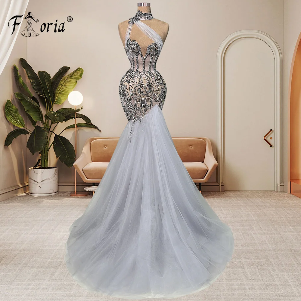 

Luxury Silver Crystals Mermaid Evening Dresses High Neck Sleeveless Tulle Sexy Prom Gowns Custom Made Plus Size Robe De Soiree