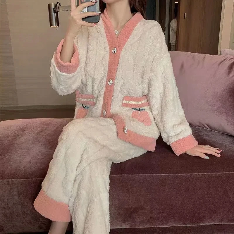 Autumn Winter Warm Flannel Women Pyjamas Sets Thick Long Sleeve Sleepwear Pajamas Set Long Sleeve Pockets Ladies Pyjama