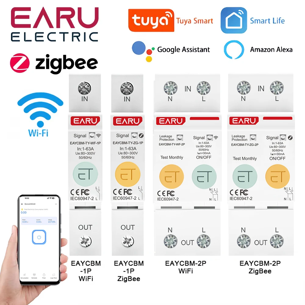 

1P 2P TUYA приложение Zigbee WIFI умное энергопотребление счетчик кВтч автоматический выключатель реле времени переключатель защита от утечки напряжения