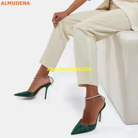 crystal green pumps ankle strap sexy pointed toe handmade fashion women pumps thin high heel metal chain stiletto heel shoes