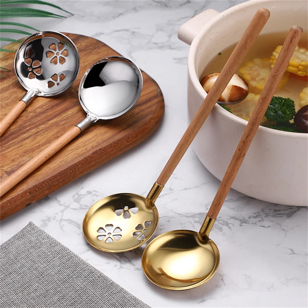 

With Long Handle Colander Household 304 Stainless Steel Hot Pot Spoon Beech Handle Kitchen Accessories Ramen Small Soup Spoon