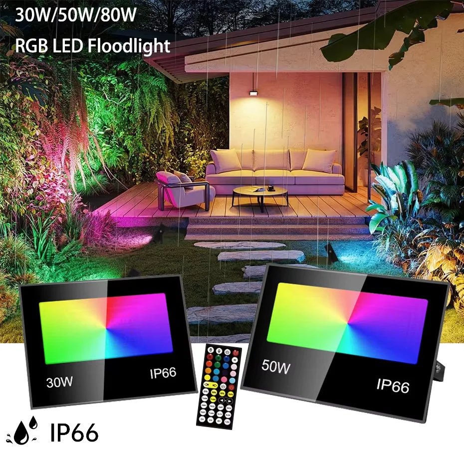 Фото 30-80 Вт RGB LED прожектор AC85-265V, водонепроницаемый уличный светильник, RGB+WW, с регулируемой яркостью, уличный фонарь с пультом дистанционного управления. №1