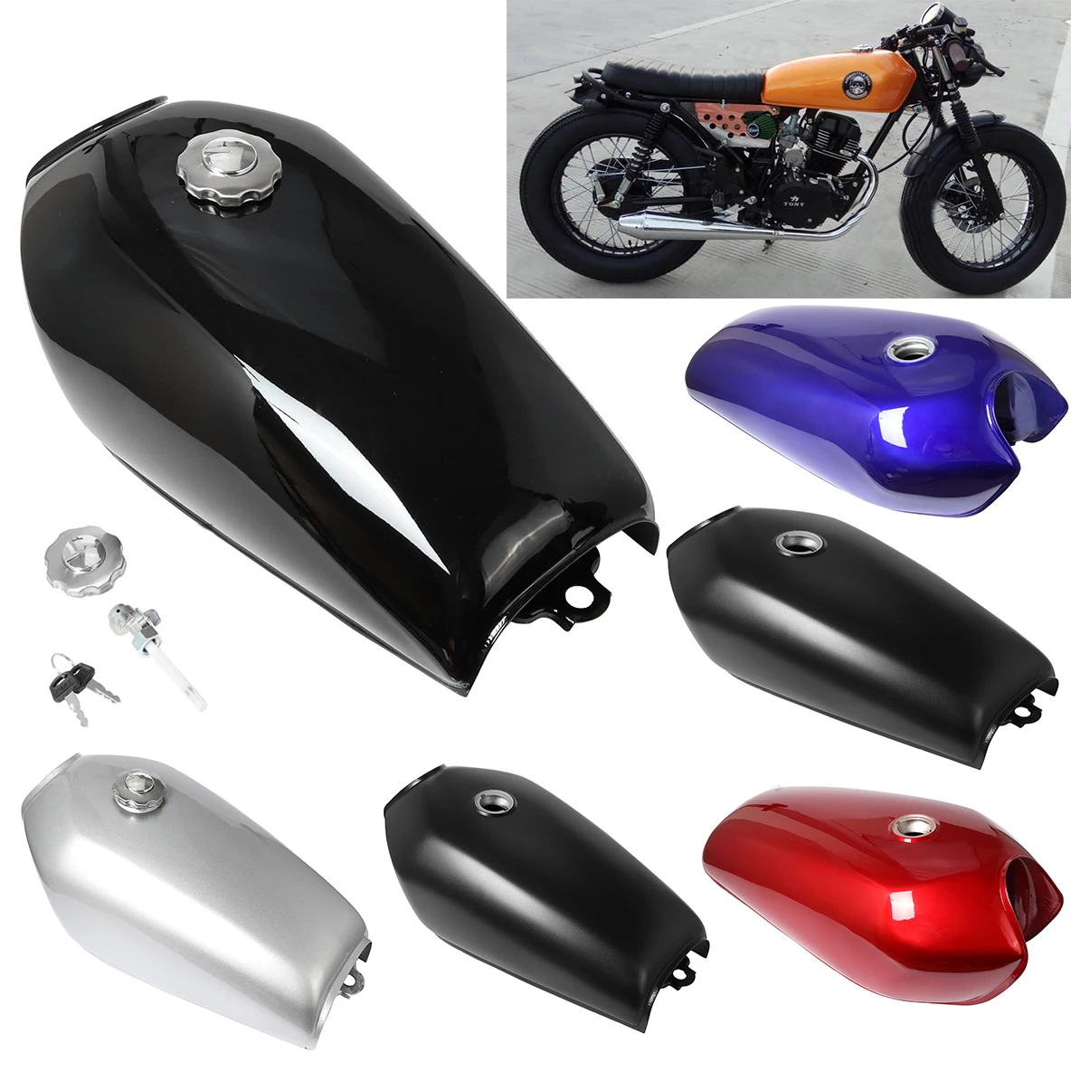 

Motorcycle Universal 9L 2.4Gal Gas Tank Cafe Racer Vintage Fuel Tank with Cap Switch For Honda CG125 CG125S CG250