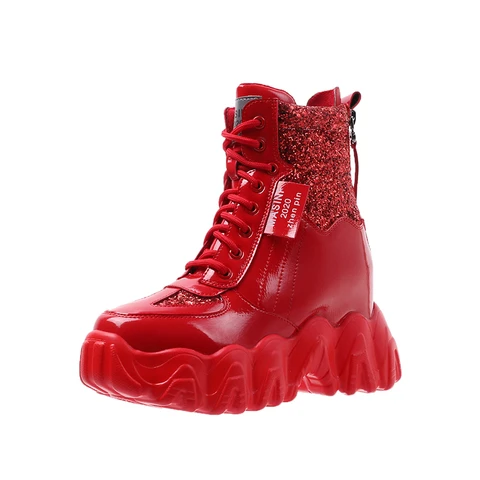 Женские кожаные ботинки на танкетке 7 см, красные ботильоны с высоким берцем, кроссовки на платформе, мотоциклетная обувь для осени и зимы, 2022