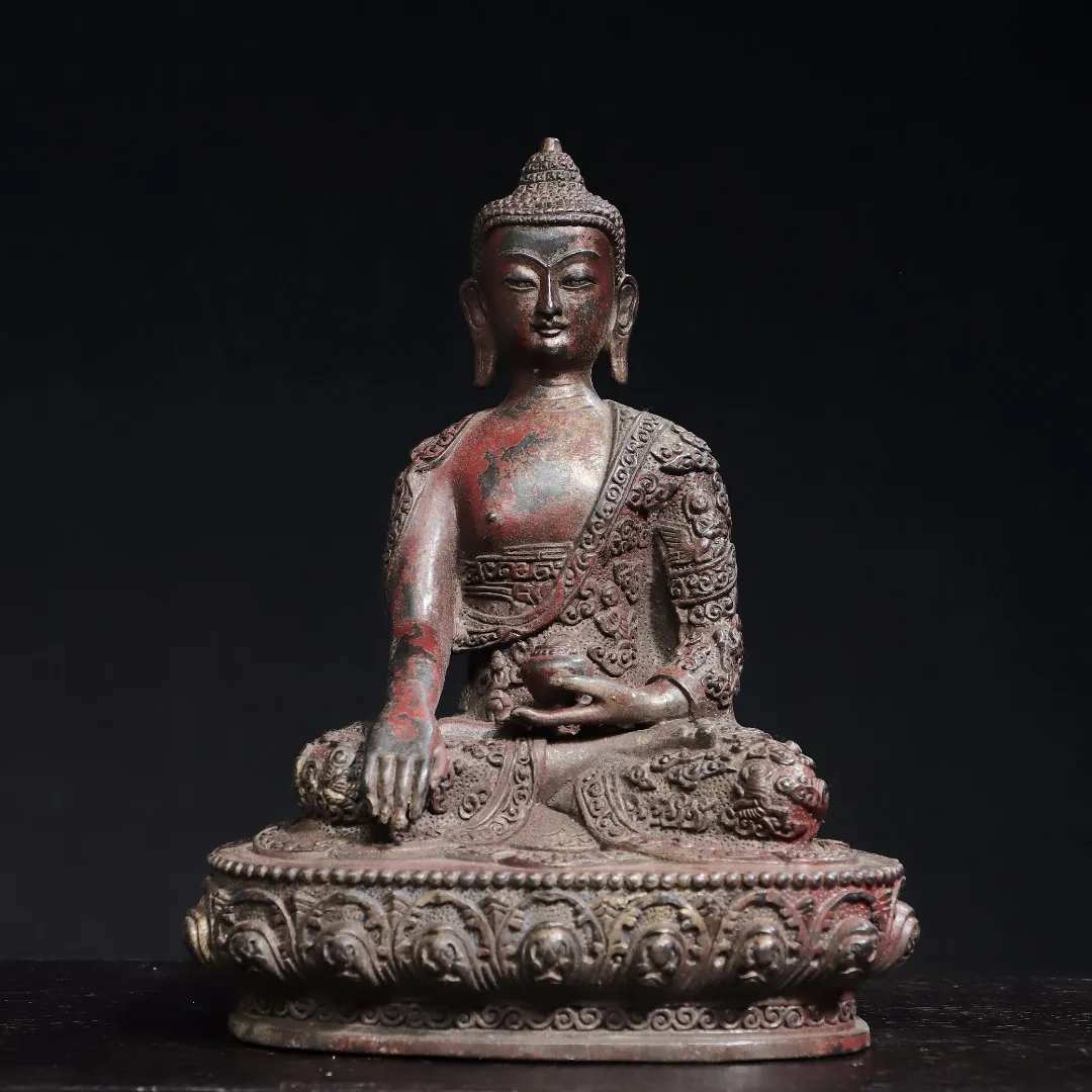 

9"Tibetan Temple Collection Old Bronze Cinnabar Mud gold Dragon patterned cassock Shakyamuni Sitting Buddha Worship Hall