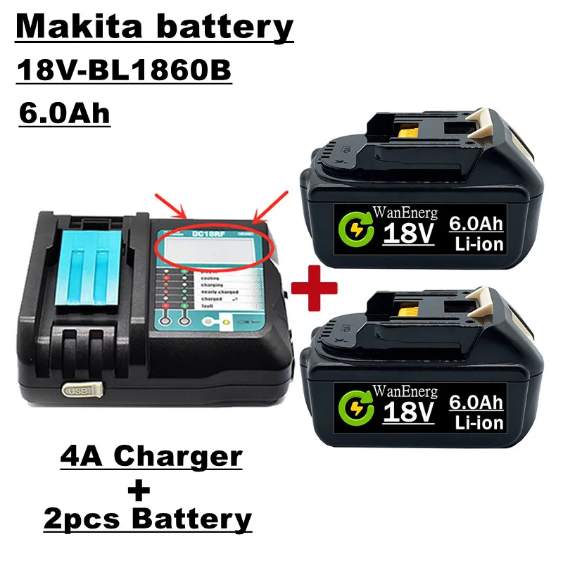 

Литий-ионная аккумуляторная батарея 18 в, 6,0 Ач, для электроинструментов 18 в bl1860, bl1840, bl1850, bl1830 и т. д., 2 батареи и зарядное устройство 4a