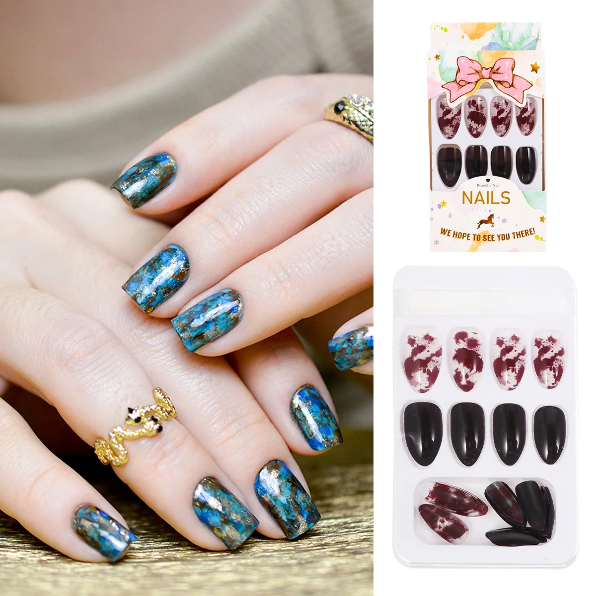 24Pcs Black Dark Red Nail Polish False Nail Full Wraps Nail Fake Nail