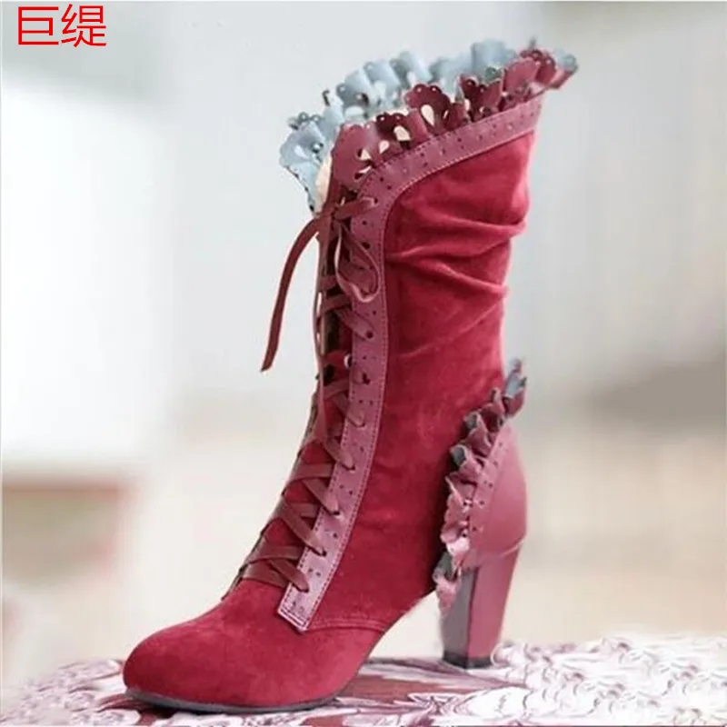 High Heel Boots Women Steampunk Women Sexy Leather Suede Boots Autumn Vintage Winter Shoes Women Lace Up Cosplay Boots HVT37389