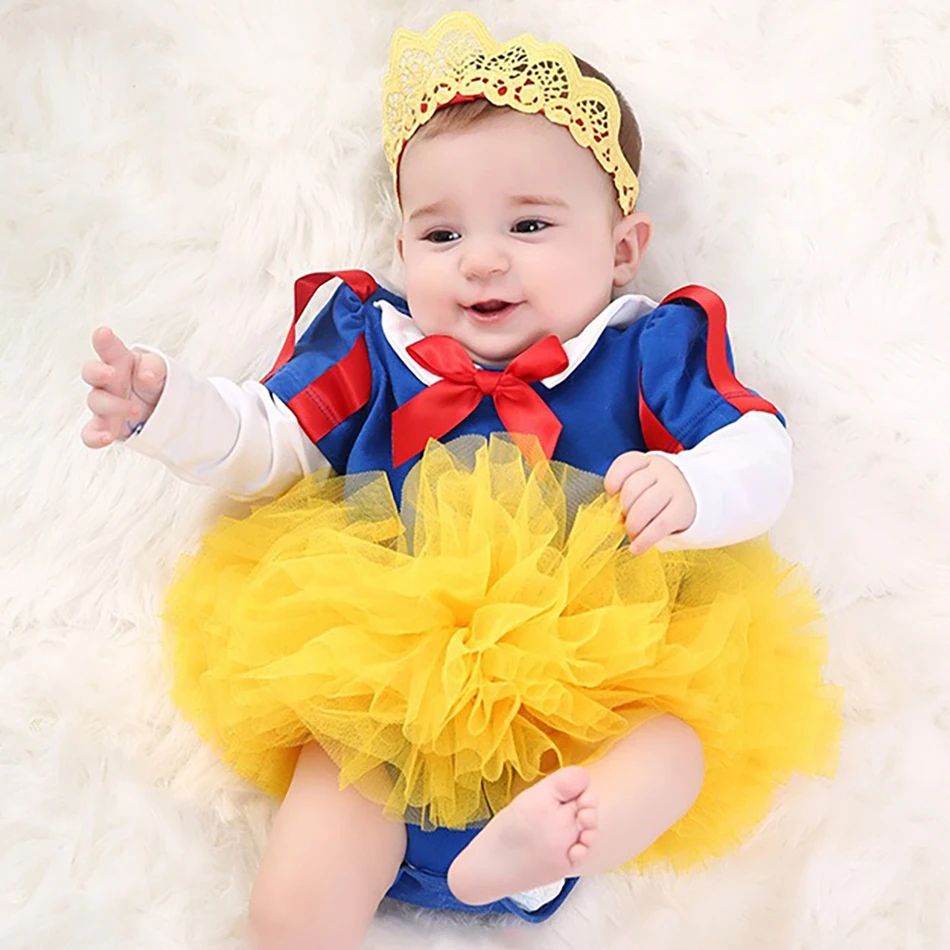 Disney Snow White Princess Newborn Baby Girls Romper Bow Ruffles Jumpsuit Sunsuit Birthday Party Baby Girls Clothes Costumes