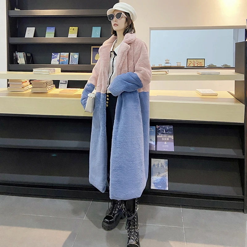 X-Long Winter Fur Coat Women Warm Parkas Jacket Fashion Stitching Color Loose Thick Faux Fur Coat Women Oversized Jacket 5XL