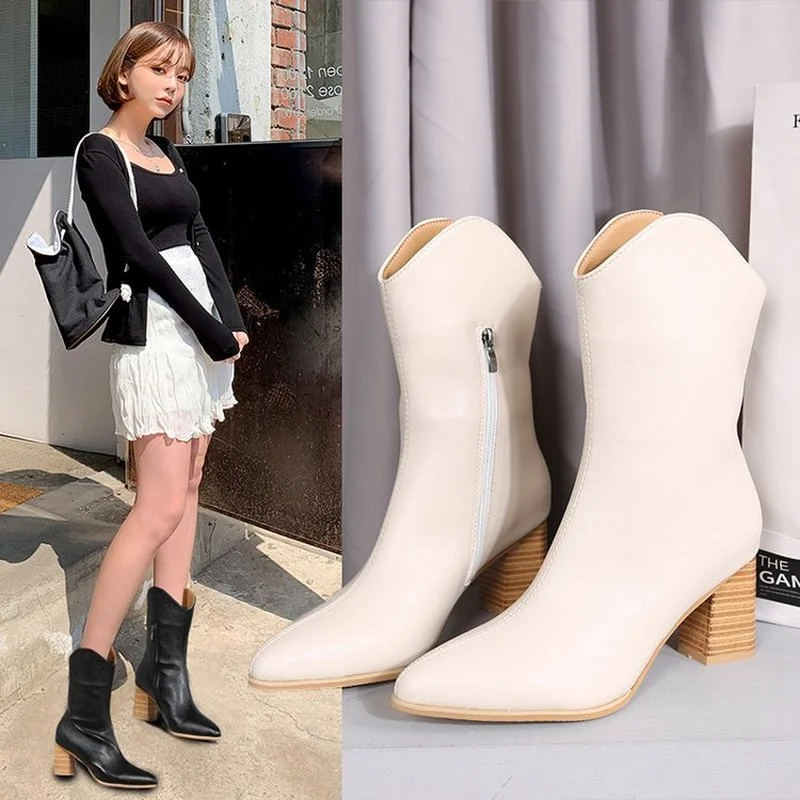 

Новинка 2023, рыцарские сапоги с острым носком на осень и зиму, новые сапоги на высоком каблуке, ковбойские кожаные сапоги на толстом каблуке для женщин