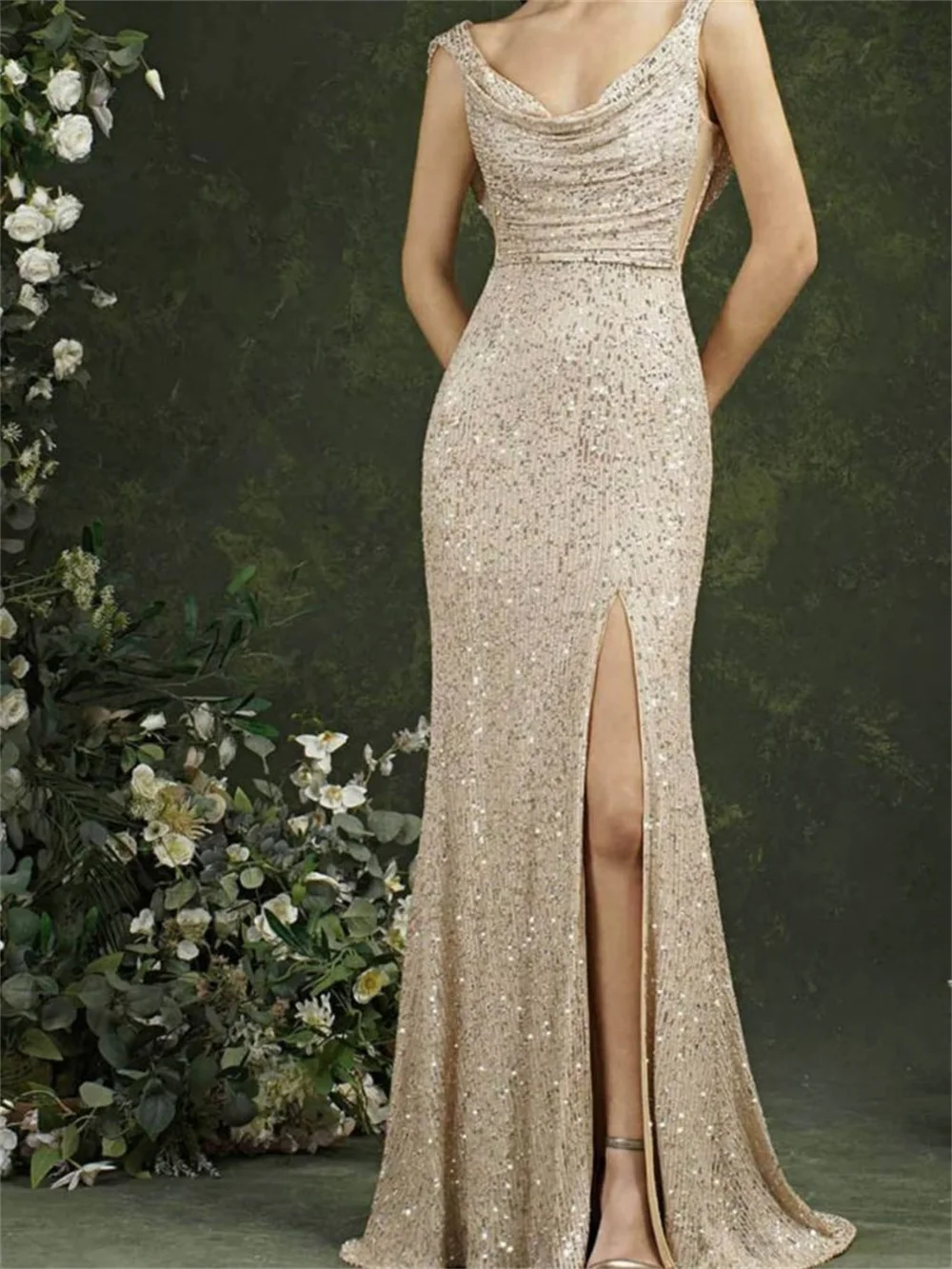 Elegant Sequined Party Evening Dress Women 2023 New in Sexy Spaghetti Slim Mermaid Maxi Dress Chic Female Prom Dresses