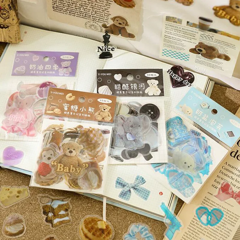 

40 Sheets PET Cartoon Stickers for Daily Life Decoration DIY Planners Material DIY Decoration Classic Creative Sweet Retro