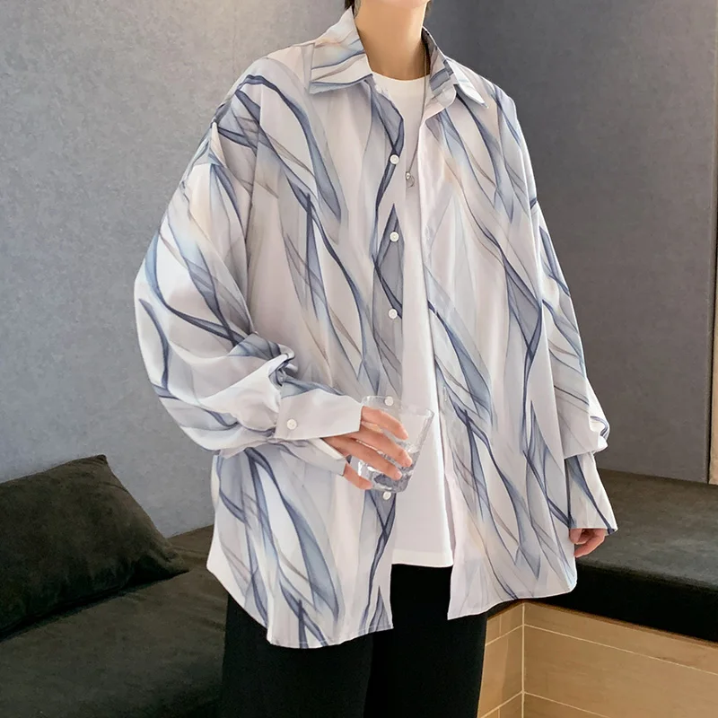 

Abstinence tie drape long-sleeved shirt Men's loose antique shirt Versatile casual print coat