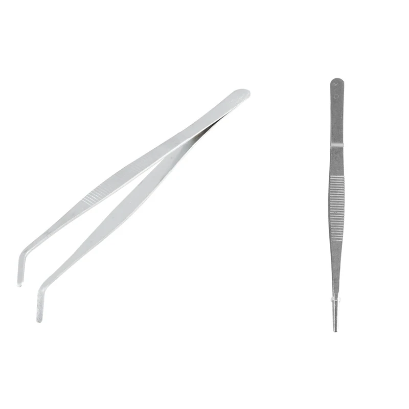 

2PCS Silver Tone Angled Slanted Tip Metal Curved Tweezer With Nonslip Striped Straight Stainless Steel Tweezers Forceps