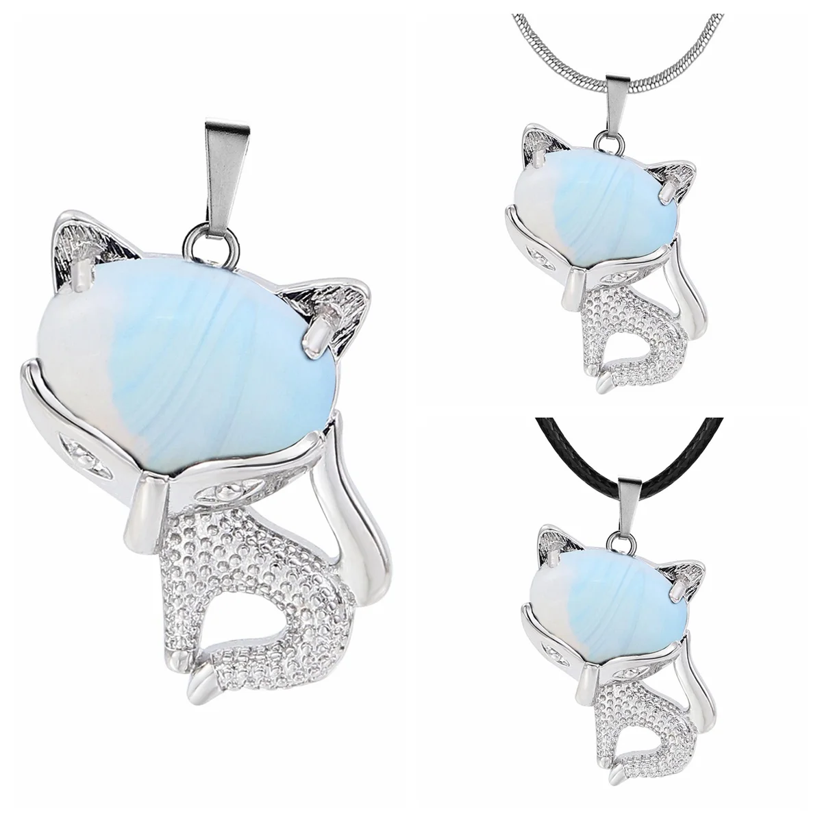 

Opalite Fox Pendant Gemstone Necklace for Women Men 18" Chain Healing Chakra Crystal Amulet Animal Choker Jewelry