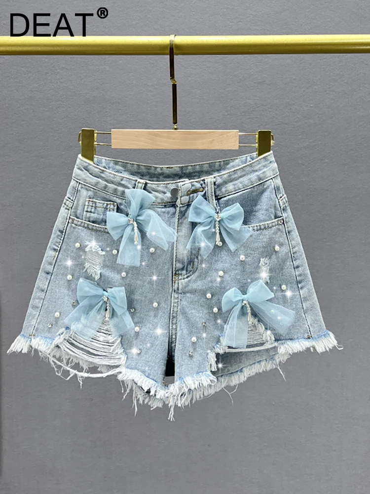 

DEAT Women's Denim Shorts High Waist Pearls Diamonds Beading Ripped Bowknot Wide Leg Short Pants 2023 Summer New Fashion 29L2704