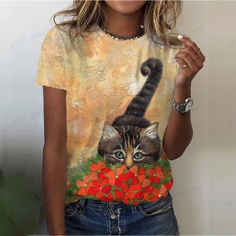 Fashion Woman Blouses 2023 T-shirt Women's 3d Cats Print Black Kawaii T Shirt Female Clothing Oversized Summer Top