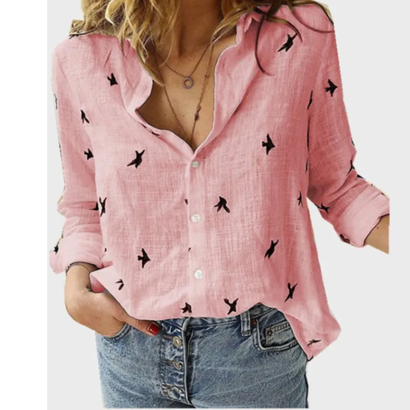 Рубашка с принтом птиц винтажная хлопково-льняная женская рубашка осенняя новая