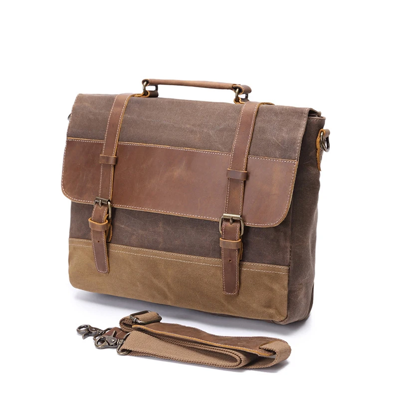 

Briefcase Horse Vintage Bag Working Waxed Leather Bag Crazy Canvas Style Laptop Men's With Messenger Man Personalization Handbag