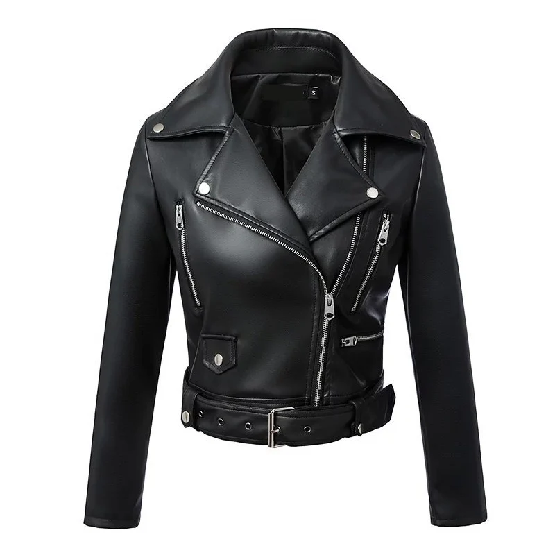 2022 New Autumn Women Pu Leather Jacket Woman Zipper Belt Short Coat Female Black Punk Bomber Faux Leather Outwear