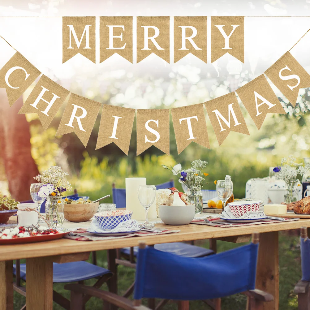 

1 pc Merry Christmas Banner Black Christmas Garland Burlap Bunting Xmas Fireplace Decoration Merry Christmas Letter Banner