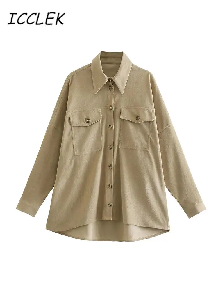 

Icclek New Khaki Corduroy Long-Sleeved Shirt Women's Tops And Blouses Long Sleeve Oversized BF Button Up Down Loose Blouse Coats