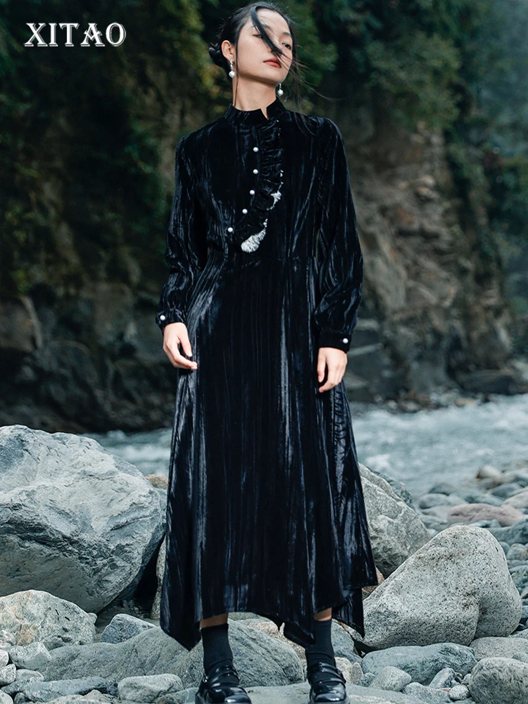 

XITAO Solid Patchwork Dress Women Personality Fashion Loose Half High Collar Full Sleeve Korea 2022 Winter New Dress SMH1313