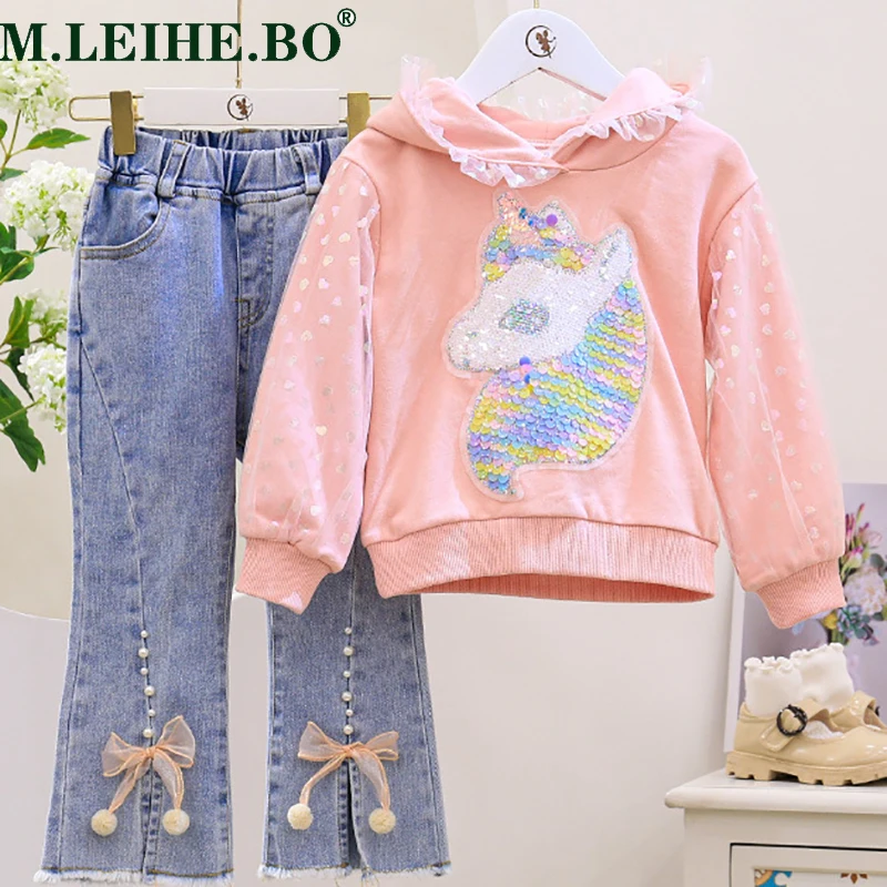 

Детский комплект одежды для девочек 2-7 лет, толстовка с капюшоном и джинсы с блестками и мультяшным единорогом, весна-осень 2022