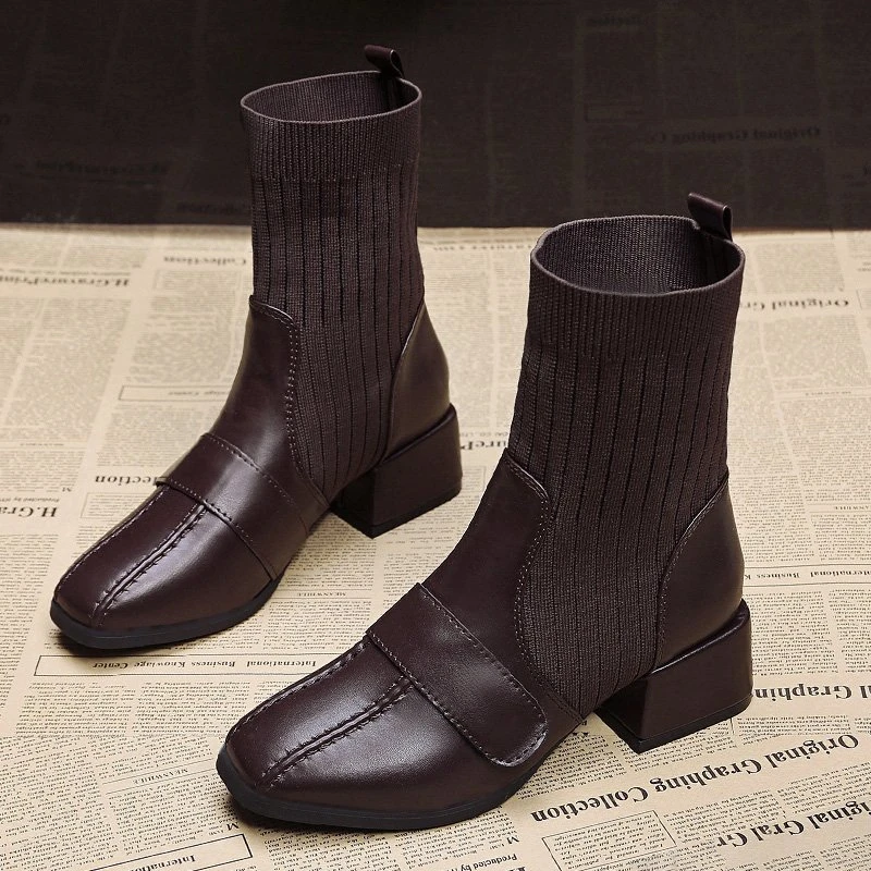 

2022 New Women Boots Retro Square Toe Autumn Ankle Boots Square High Heel Cow Leather Elastic Band Short Boots Women