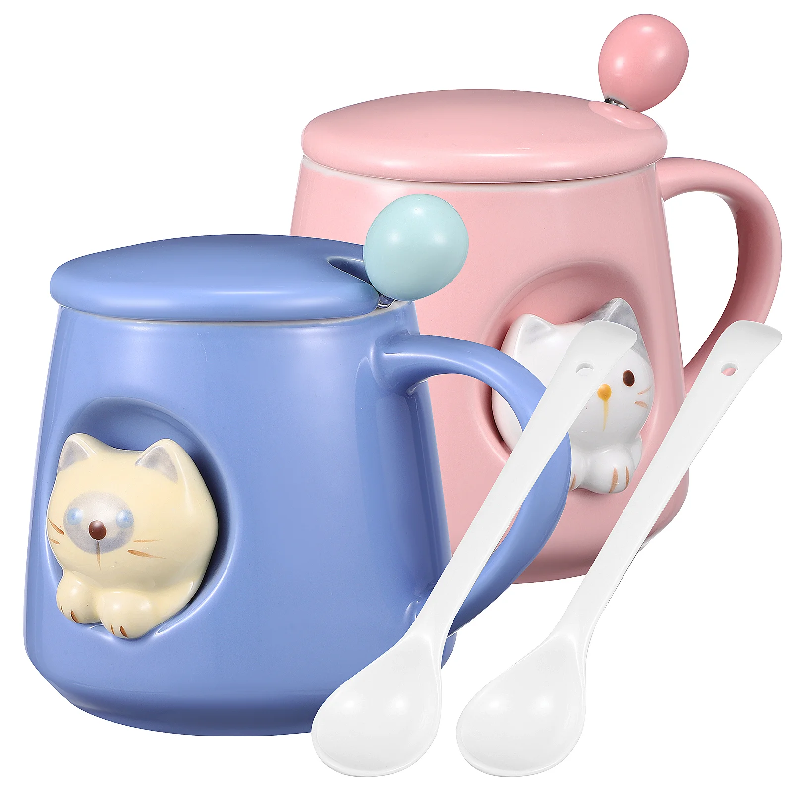 

2 Set Ceramic Mug 380ML Adorable 3D Cat Shape Drinking Cup with Lid Spoon for Coffee Tea Milk
