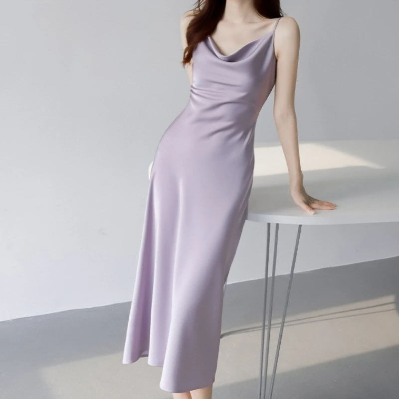

Gasparine Acetic Acid Satin Spaghetti Strap Vintage Womens Dresses France Summer High Waist Sexy Ladies Swinging Collar Dress