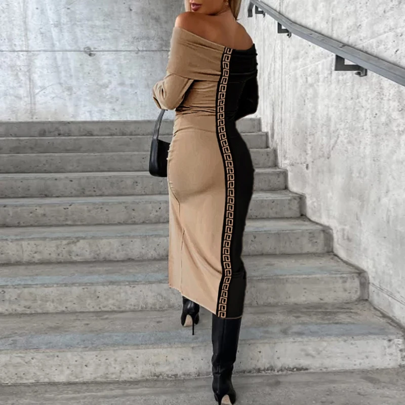 

Женское платье с вырезом лодочкой, длинное платье с геометрическим принтом и разрезом, Осеннее ажурное платье с открытыми плечами и открытой спиной