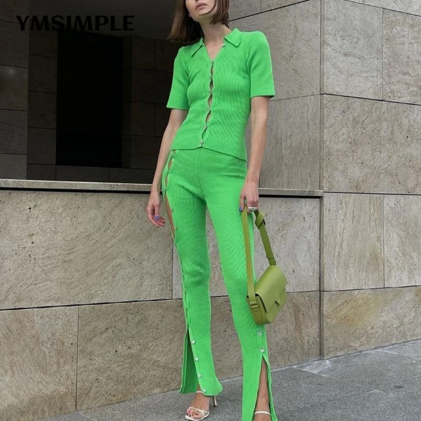 

2022 Spring New Short Sleeve Tops and Long Pants Two Piece Set Sexy Fashion Streetwear Solid Green Y2K Skinny Knitted Suits
