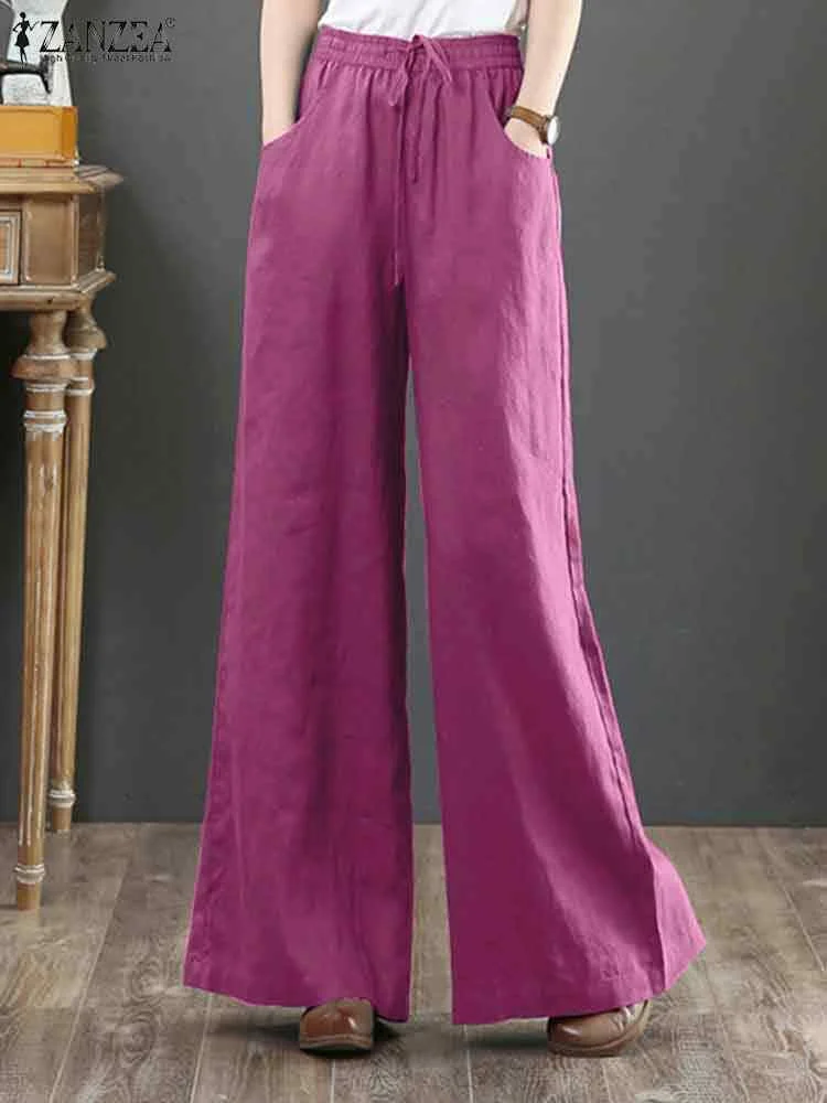 

2023 ZANZEA Spring Summer Women Wide Leg Pants Elegant High Waist Solid Flare Pant Casual Loose Long Trouser Pantalon Streetwear