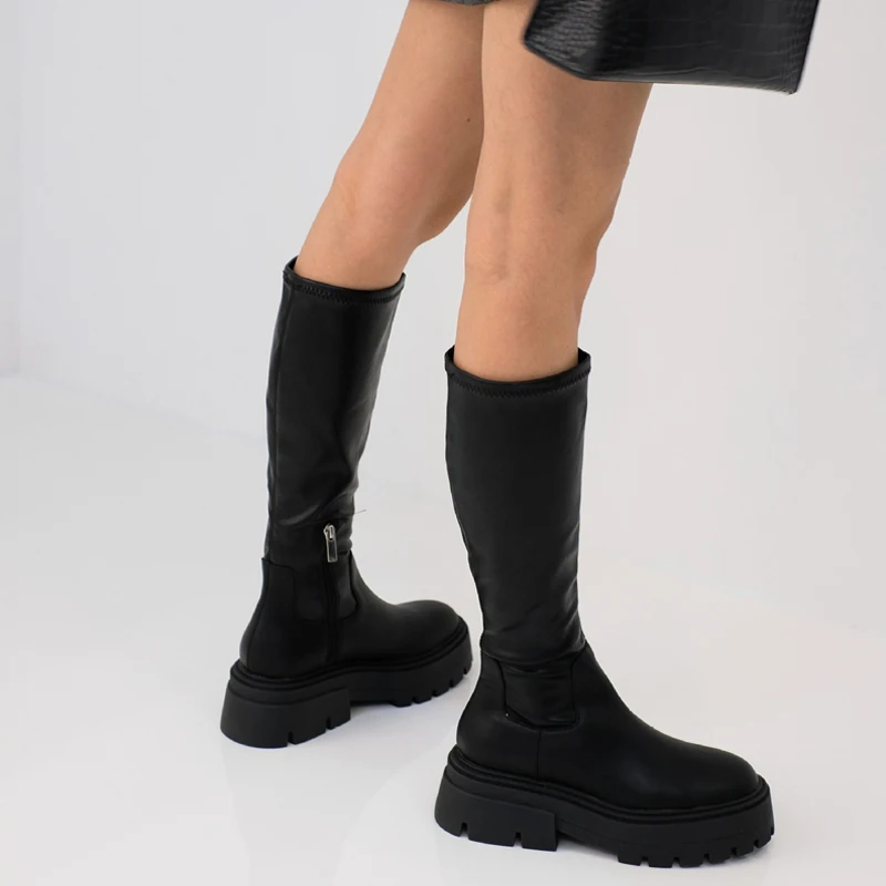 

2022 Gladiator Gladiator Knight Chelsea Boots Thick Bottom Low Heels Platform Boots Female Shoes Designer Leather Stretch Botas