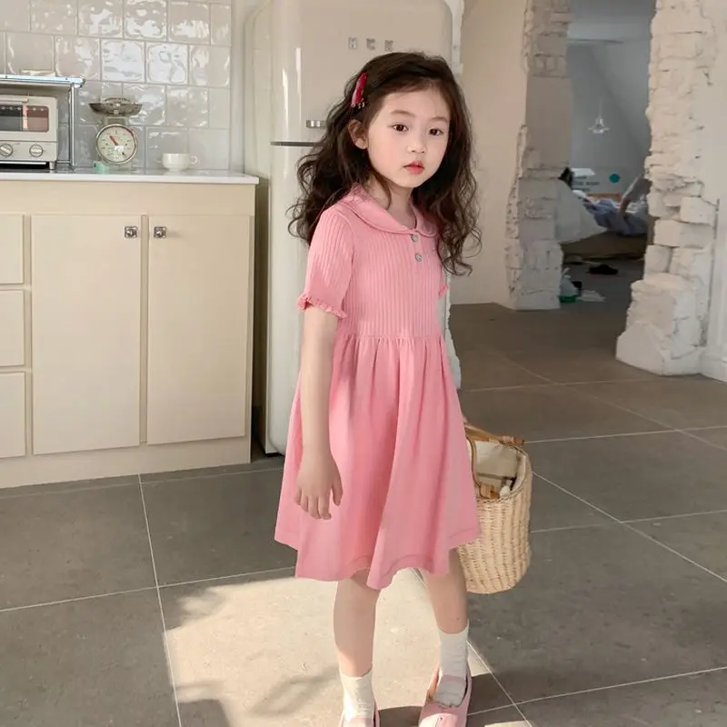 

Summer Kids Solid Princess Dress for Girl Short Sleeve Knit Dresses 2+y Young Child Casual Clothes Toddler Polo Neck A-Line Robe